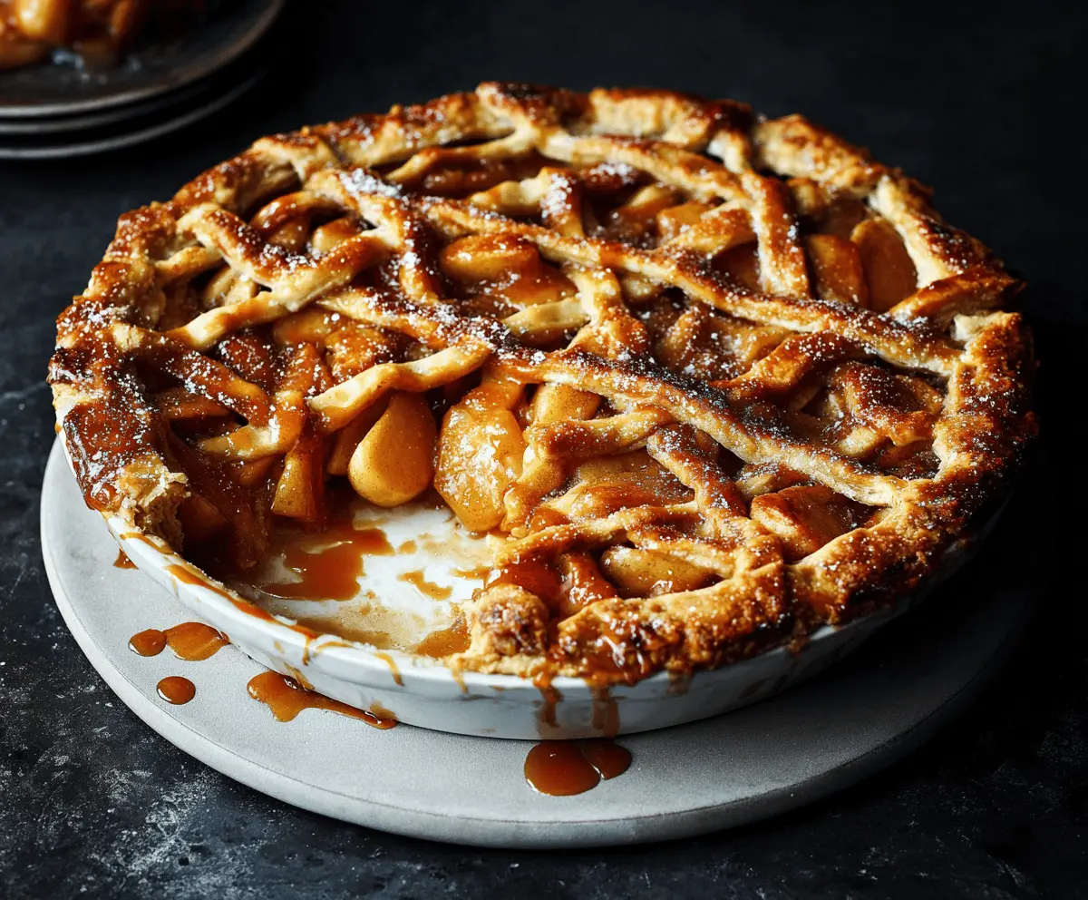 Delicious homemade toffee apple pie topped with caramelized apples and golden crust, ready to serve