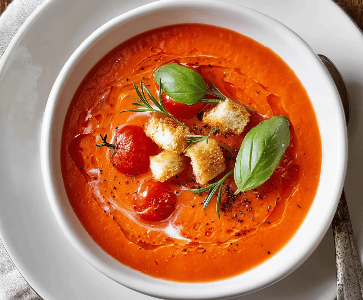 Creamy homemade tomato soup garnished with fresh basil leaves in a rustic bowl, perfect for a comforting meal.