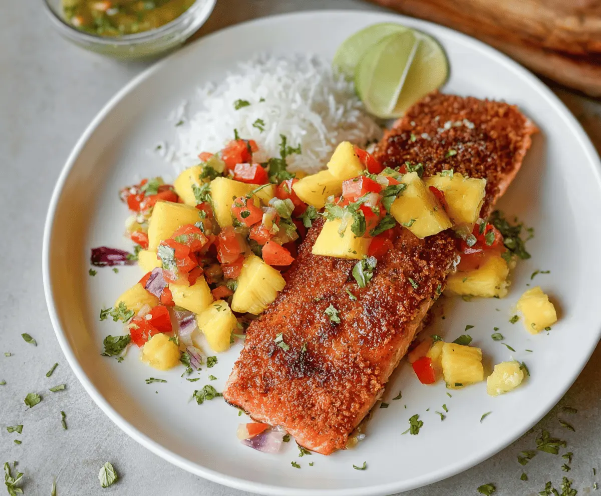 Delicious Tropical Coconut Crusted Salmon topped with vibrant Pineapple Salsa on a plate, showcasing a flavorful seafood dish with fresh fruit topping