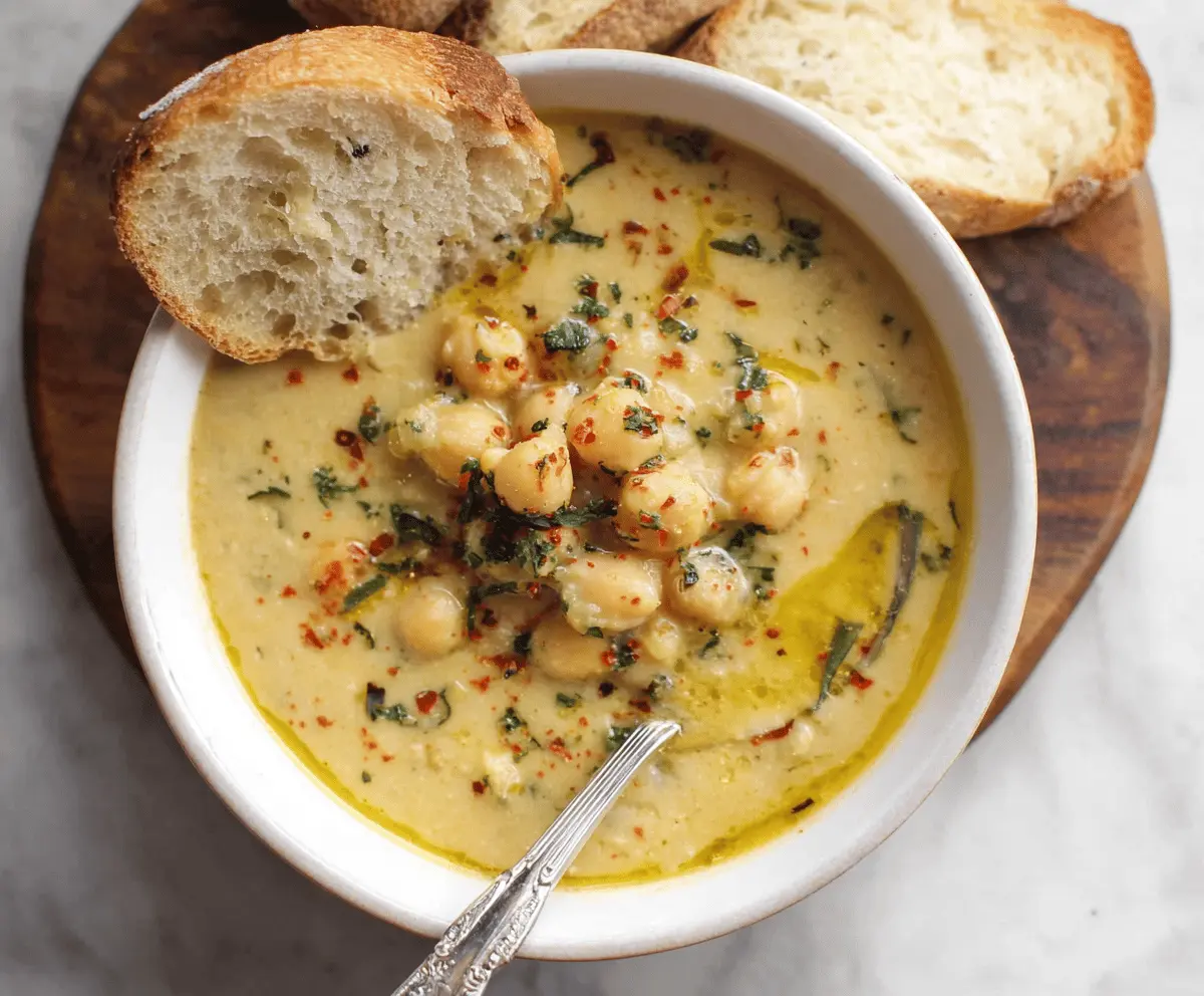 Vegan garlic chickpea soup garnished with fresh herbs in a rustic bowl, healthy plant-based meal