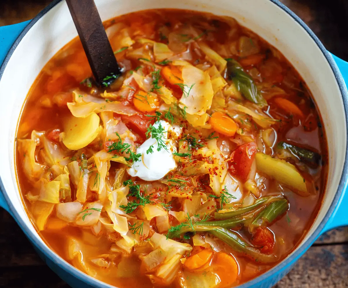 Healthy Weight Watchers Cabbage Soup in a bowl with fresh vegetables, perfect for low-calorie dieting