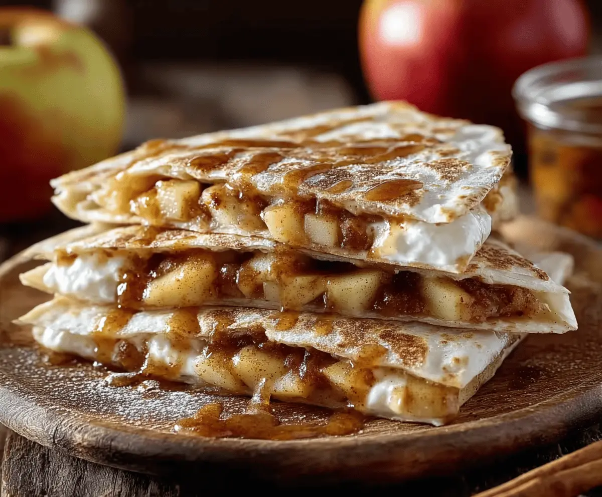 Delicious apple cinnamon breakfast quesadillas with melted cheese and fresh fruit filling.