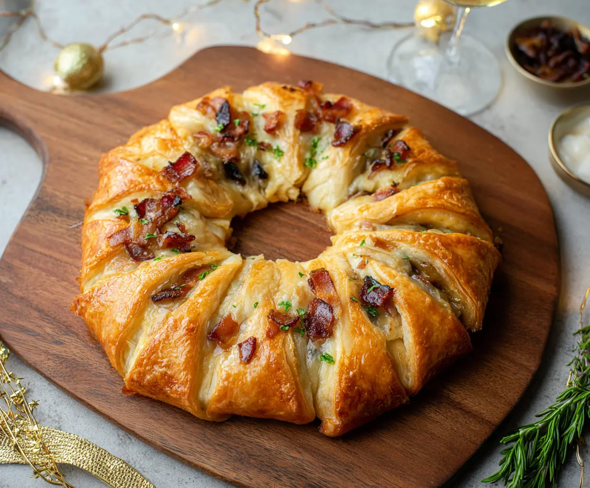Delicious Bacon Brie Crescent Wreath on a serving platter, perfect for brunch or special occasions