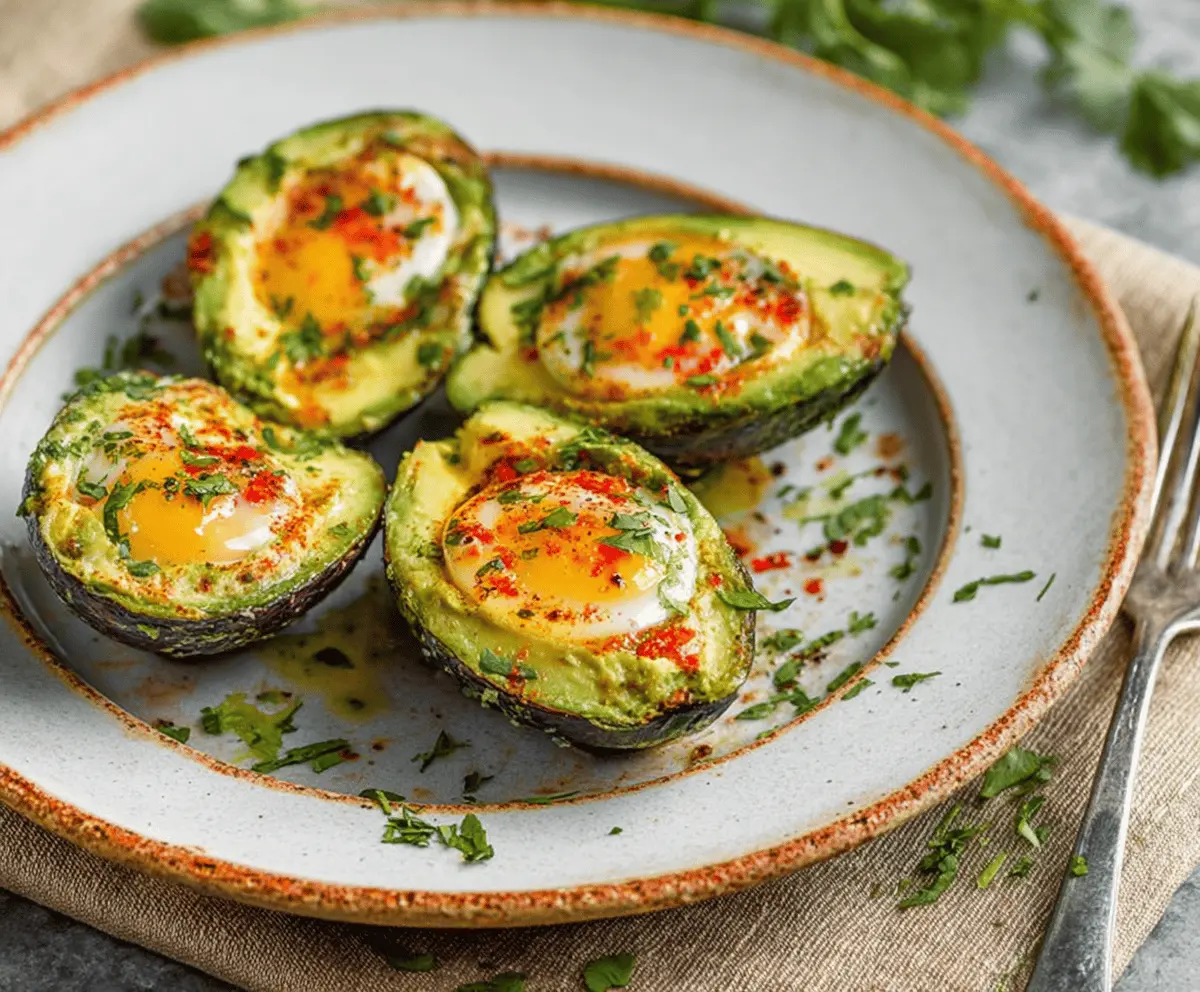 Delicious baked avocado egg boats garnished with herbs, perfect for a healthy breakfast or brunch.