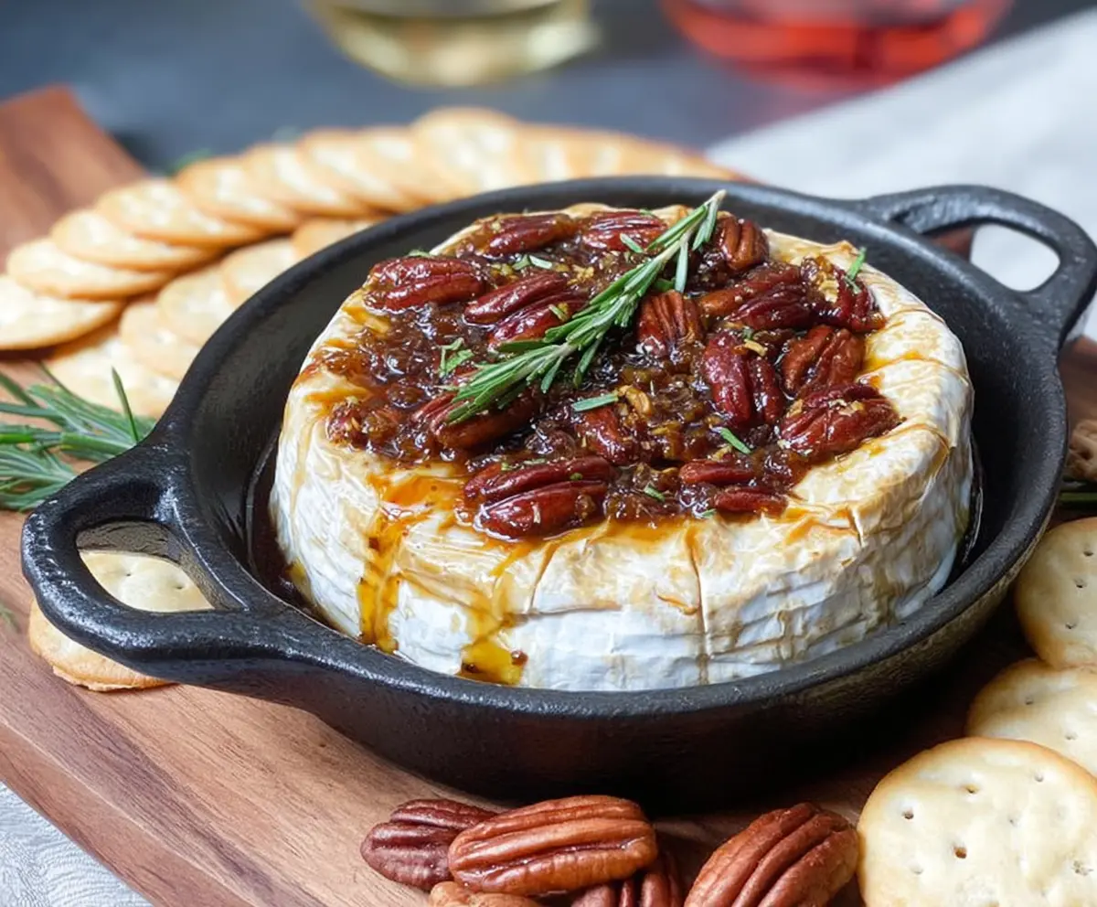 Delicious baked brie cheese topped with fig jam and crunchy pecans, served as an elegant appetizer.