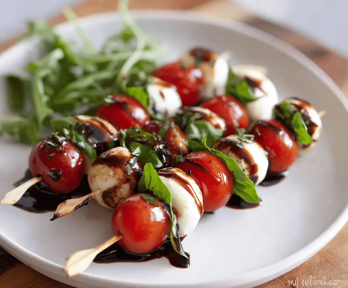 Delicious Balsamic Glazed Caprese Skewers with fresh mozzarella, cherry tomatoes, and basil