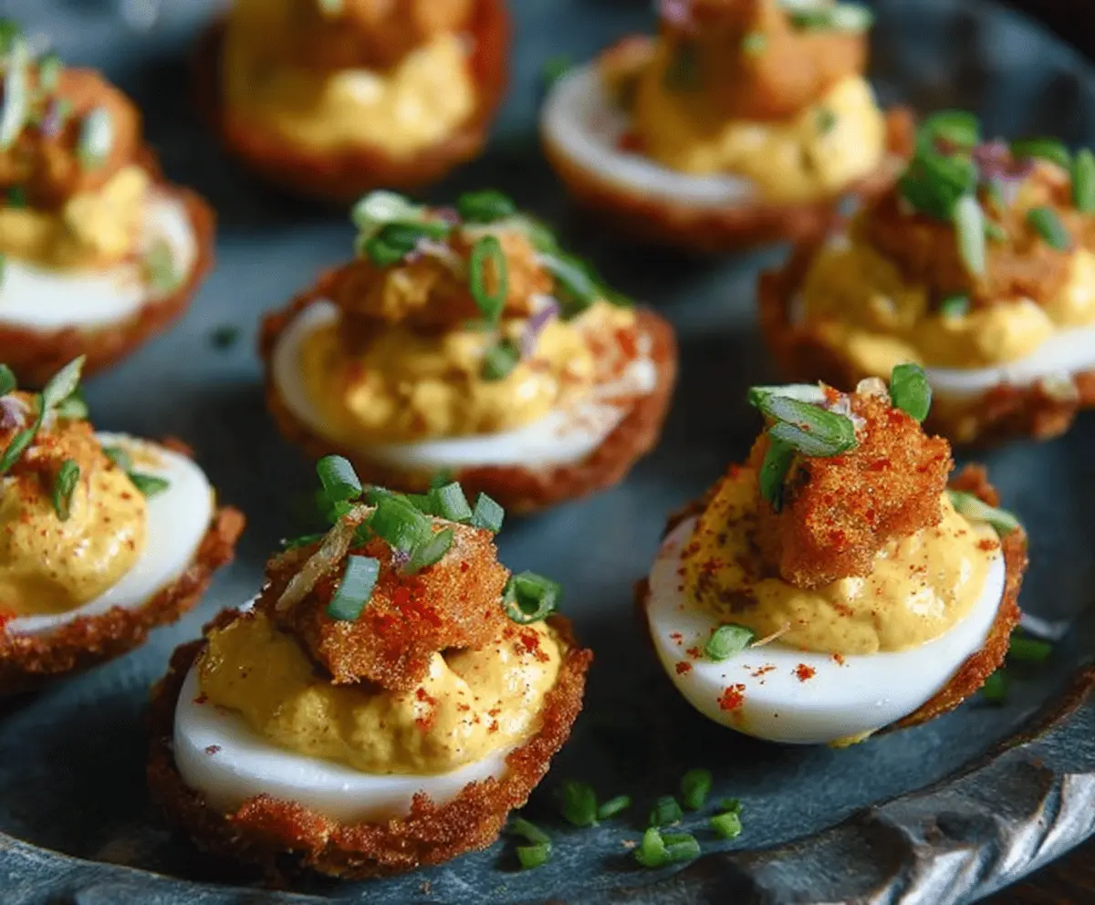 Bayou-Inspired Deviled Eggs garnished with chopped herbs and spices for a Southern flavor.