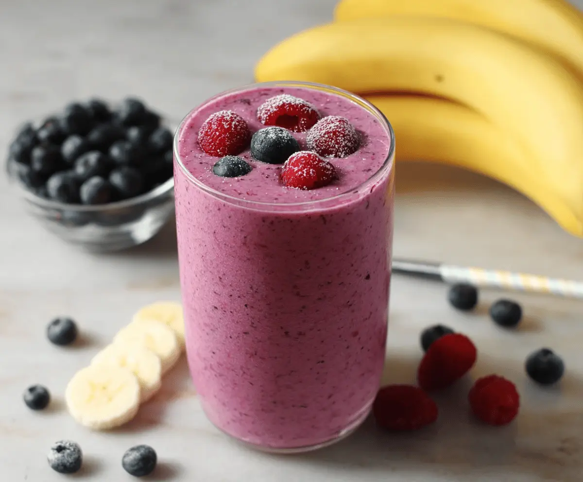 Refreshing berry banana smoothie in a glass with fresh berries and banana slices