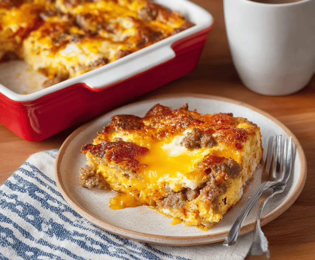 Delicious breakfast sausage casserole with eggs, cheese, and bread in a baking dish