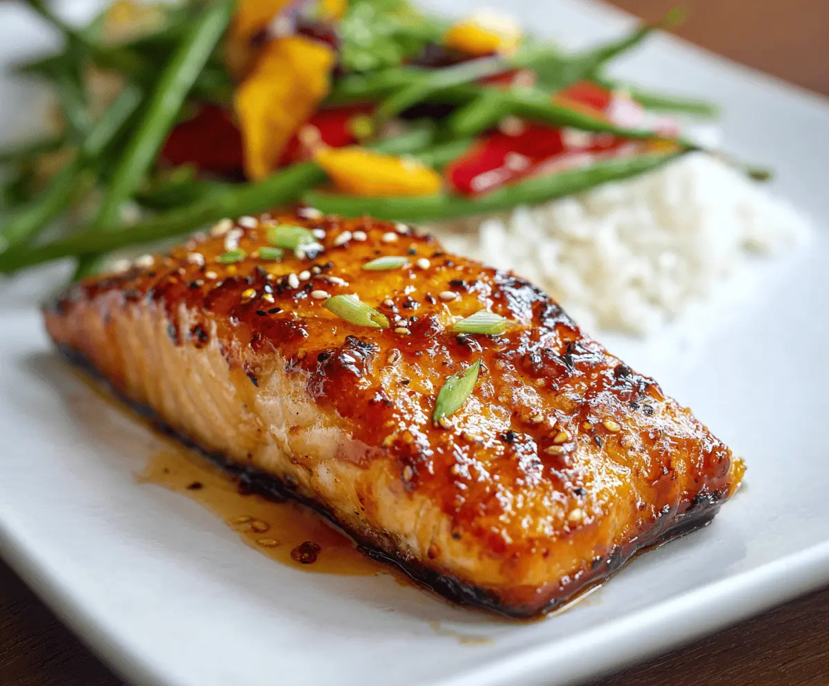 Delicious salmon fillet glazed with rich brown sugar sauce on a plate.