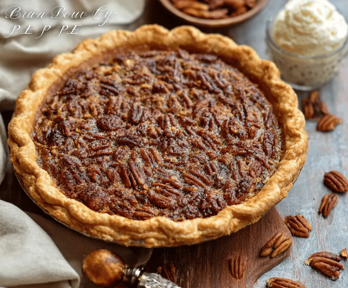 Delicious homemade Brown Sugar Pecan Pie with a golden crust and caramelized pecan topping.