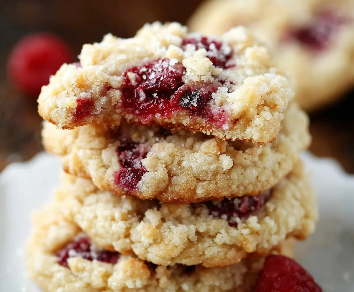 Delicious buttery raspberry crumble cookies with a golden-brown crust and fresh raspberry filling