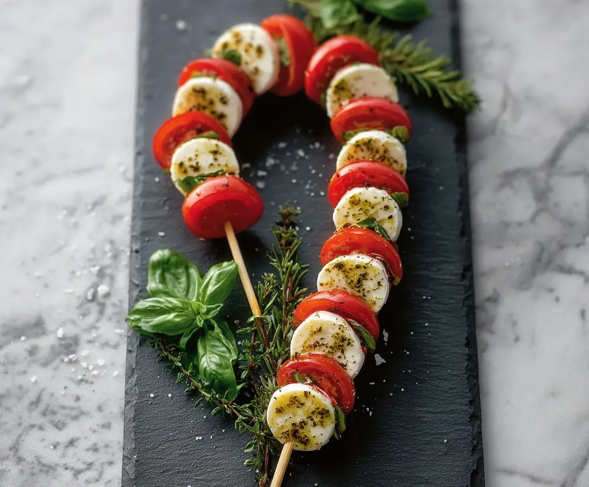 Colorful Candy Cane Caprese Skewers with fresh mozzarella, basil, and red candy canes for holiday appetizer.
