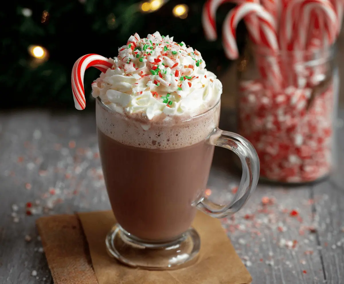 Creamy Candy Cane Hot Chocolate topped with whipped cream and crushed peppermint candies, perfect for holiday warmth.