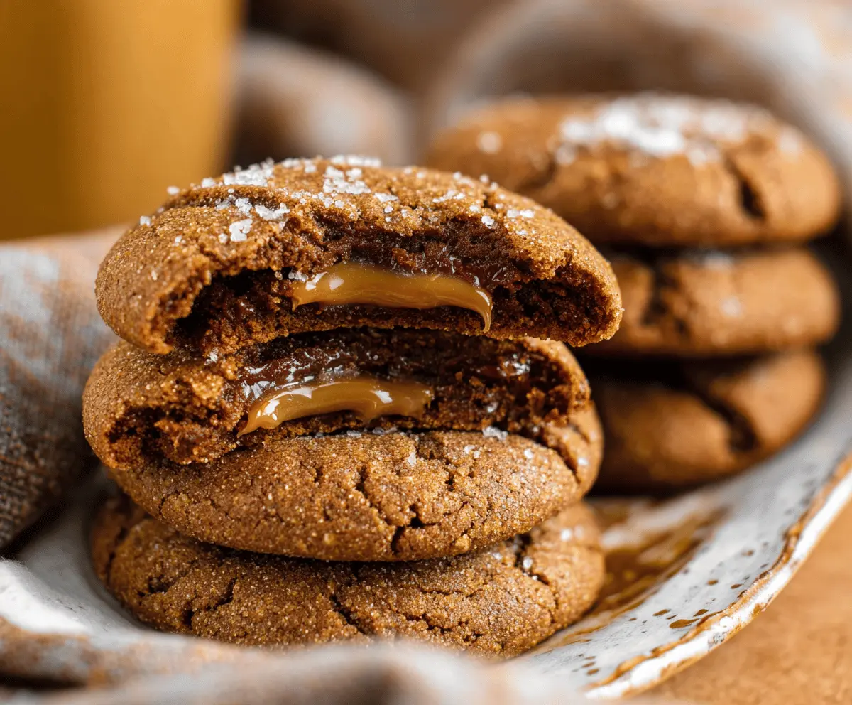 Delicious caramel-stuffed gingerbread cookies with a festive holiday presentation.