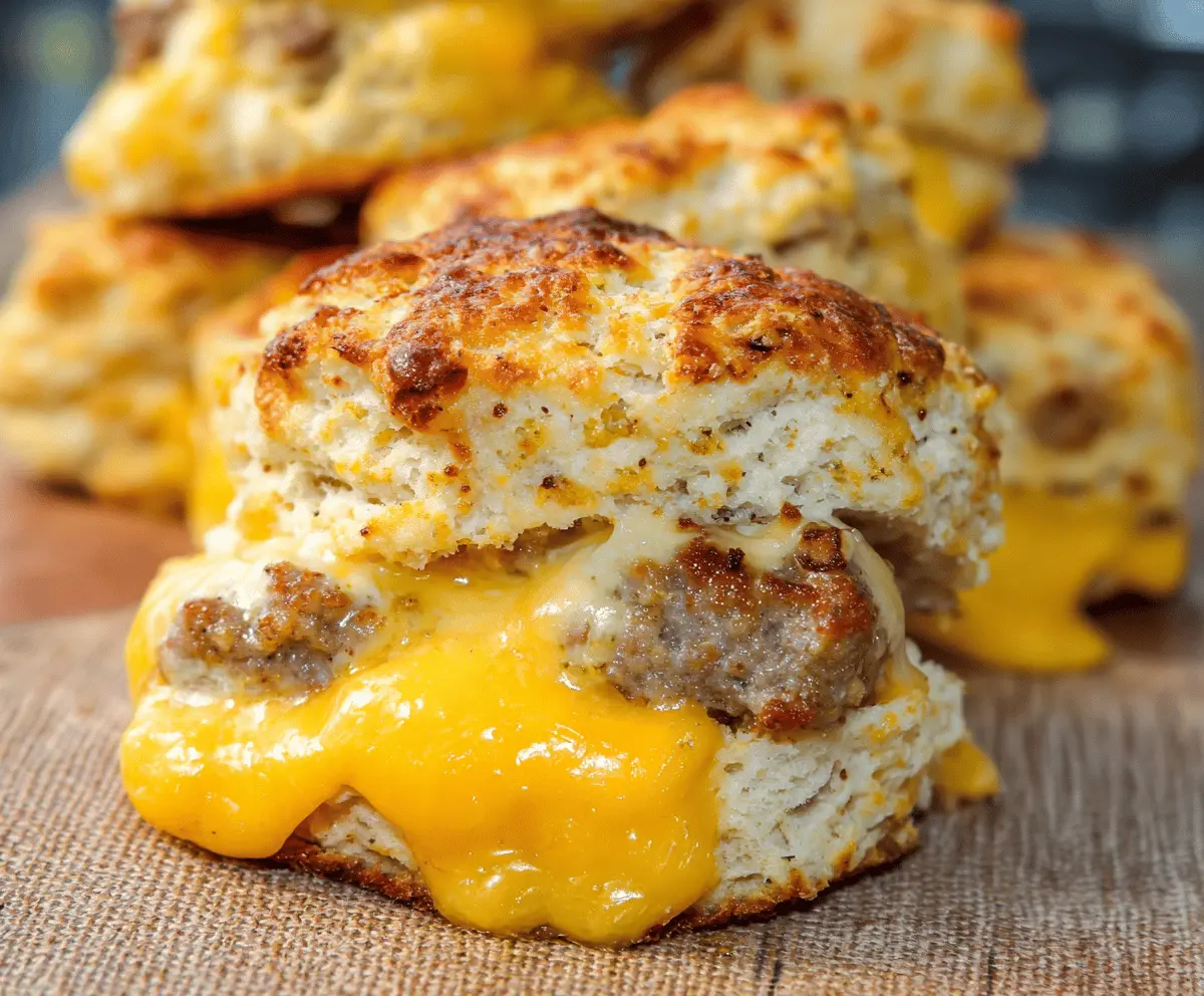 Delicious cheese and sausage biscuit fresh out of the oven, perfect for breakfast or brunch.