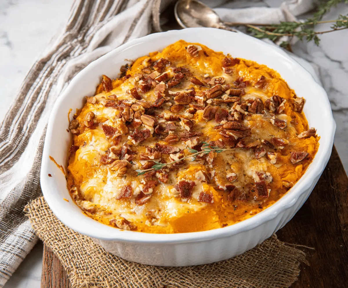 Delicious cheesy sweet potato casserole topped with melted cheese and crispy crust, perfect for holiday dinners.