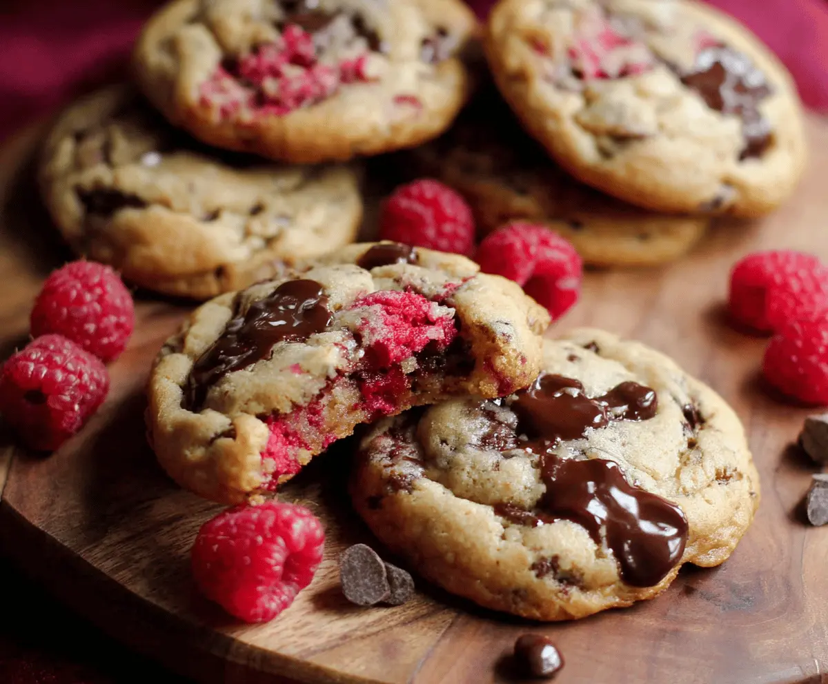 Delicious chewy raspberry chocolate chip cookies on a plate, showcasing fresh fruit and melted chocolate