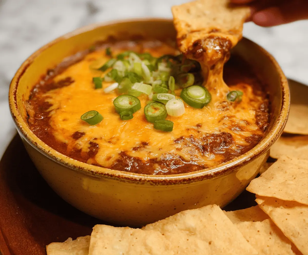 Creamy chili cheese dip served with tortilla chips, perfect for parties and gatherings.