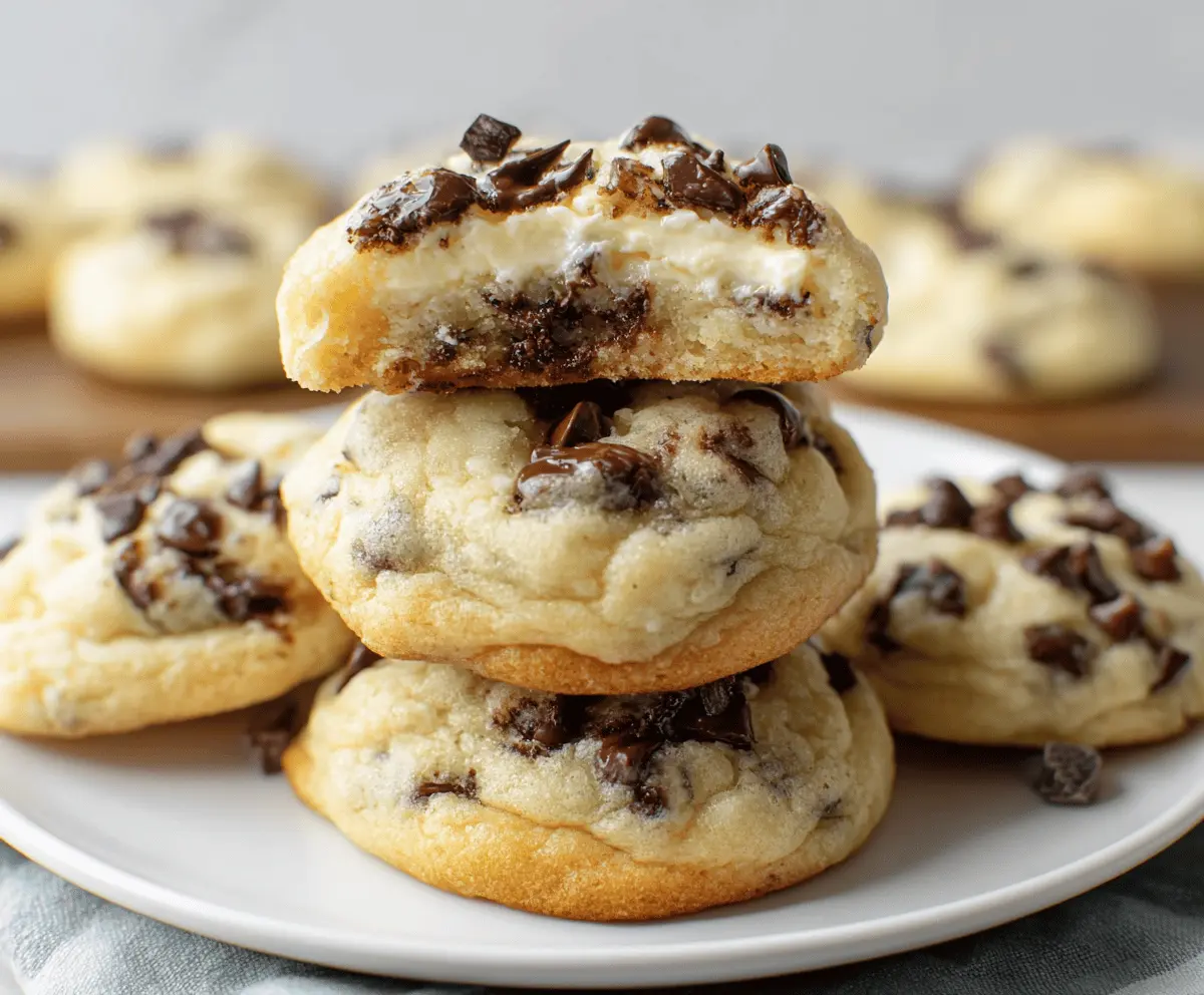 Delicious chocolate chip cheesecake cookies on a plate, featuring a creamy texture and chocolate chunks.