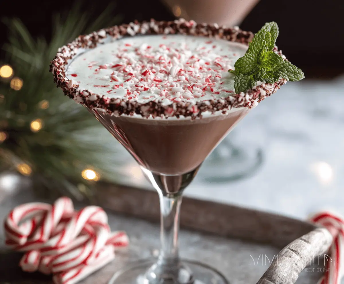Delicious Chocolate Peppermint Martini cocktail garnished with peppermint and chocolate shavings.