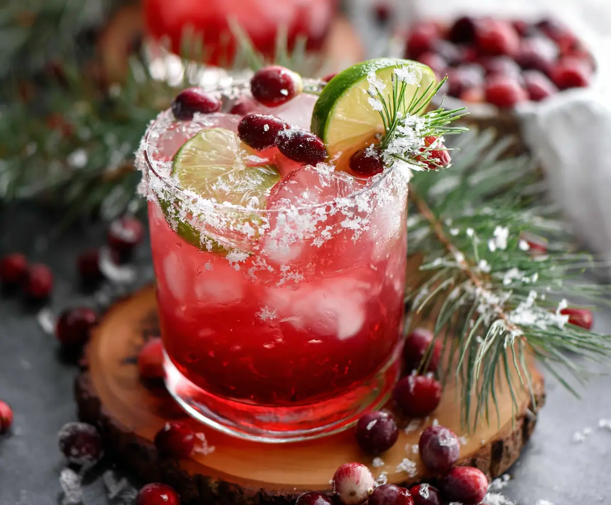 Festive Christmas Cranberry Margarita cocktail served with fresh cranberries and lime slice