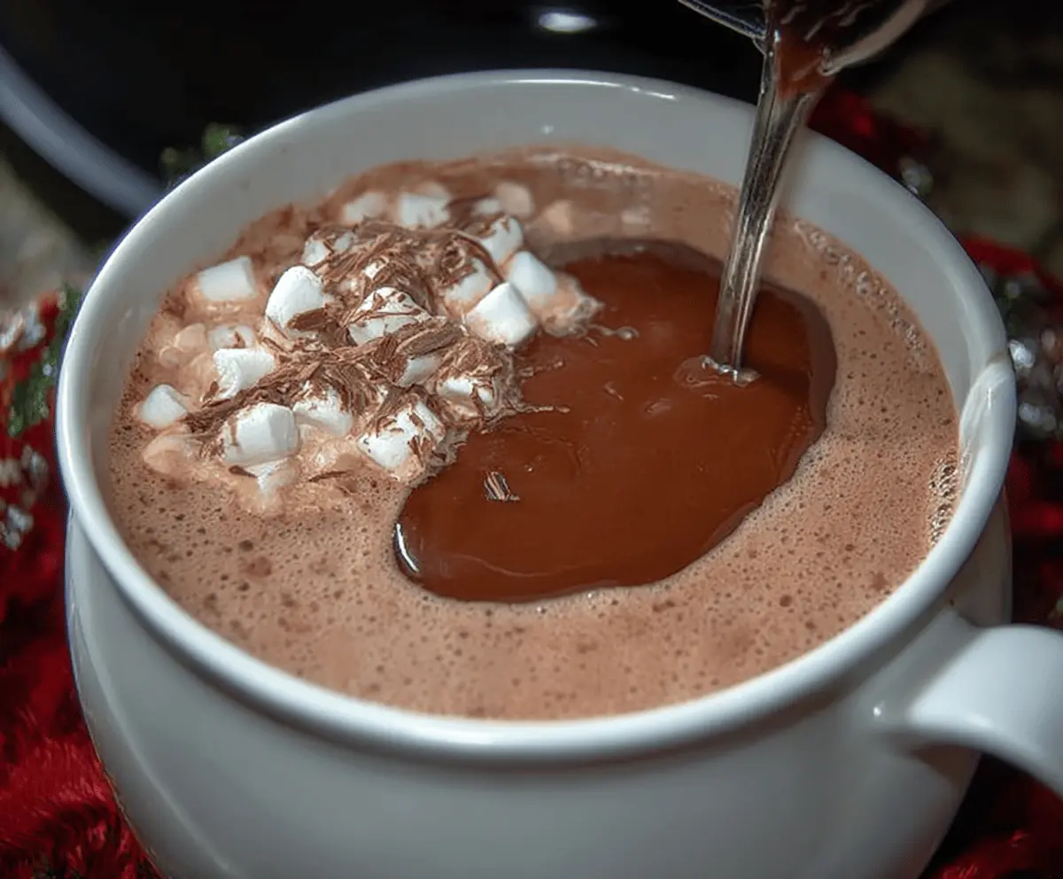 Delicious Christmas Eve Crockpot Hot Chocolate with whipped cream and marshmallows in a festive setting