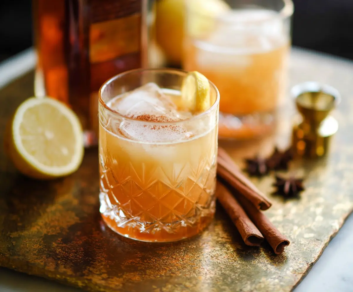 Delicious Cinnamon Maple Whiskey Sour cocktail garnished with a cinnamon stick and maple syrup.