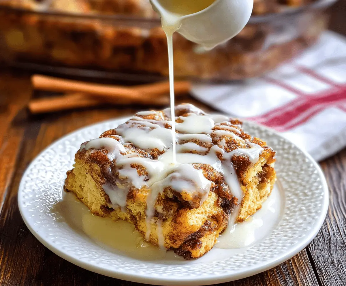 Delicious Cinnamon Roll French Toast Casserole topped with icing and cinnamon for a sweet breakfast treat.