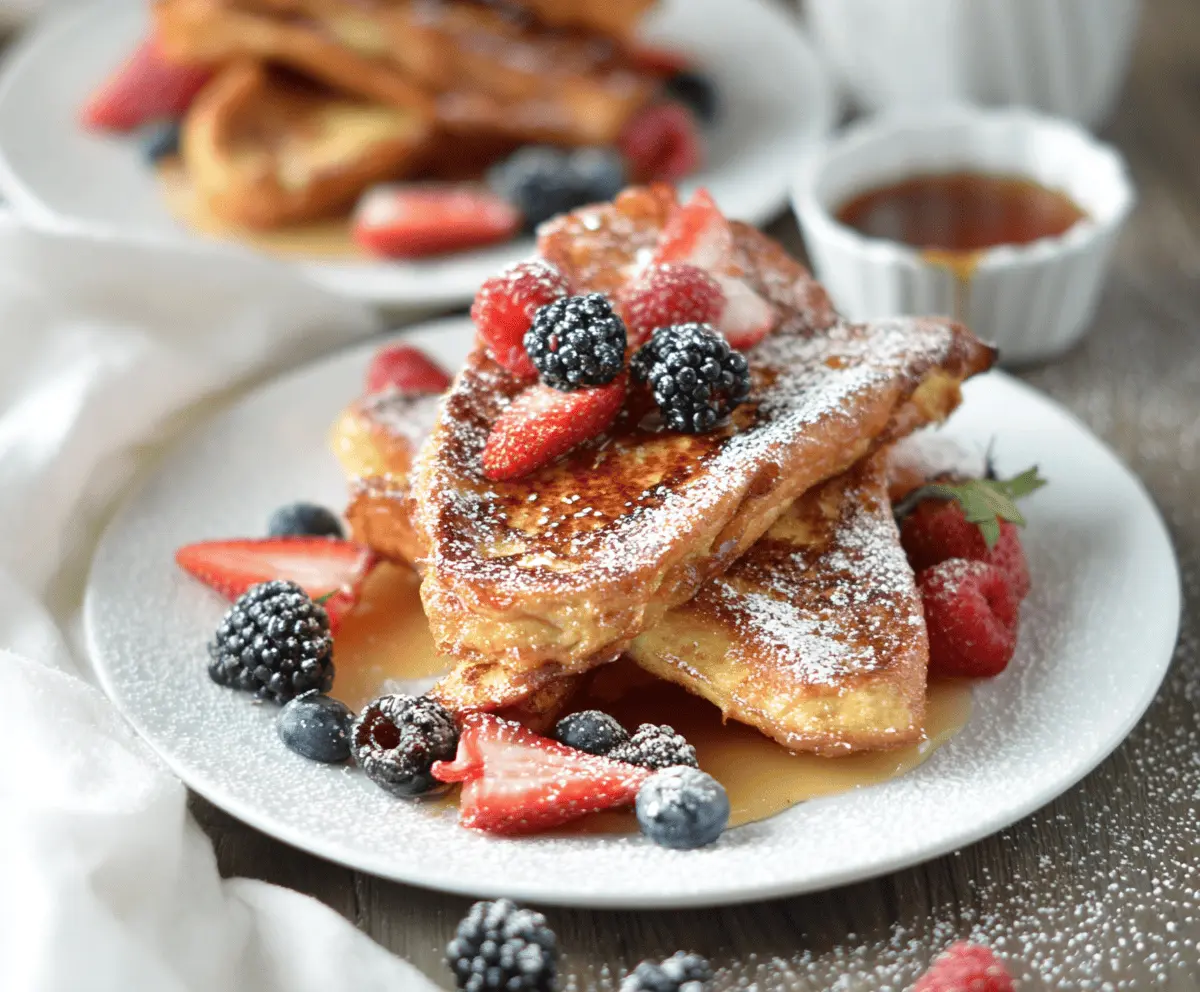 Delicious Cinnamon Sugar French Toast topped with powdered sugar and fresh berries.