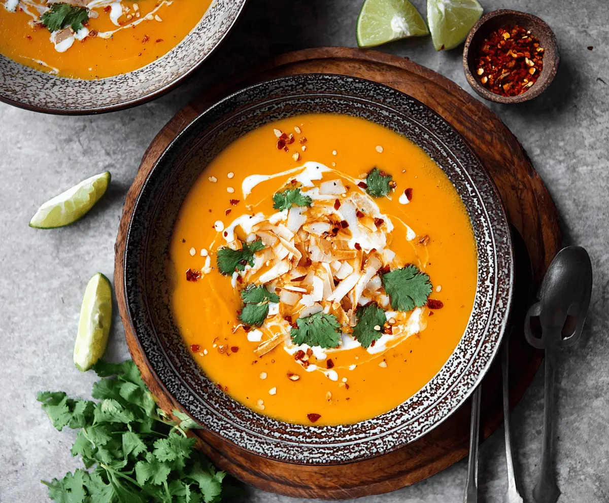 Creamy coconut curry sweet potato soup served in a bowl with fresh herbs and a sprinkle of spices.