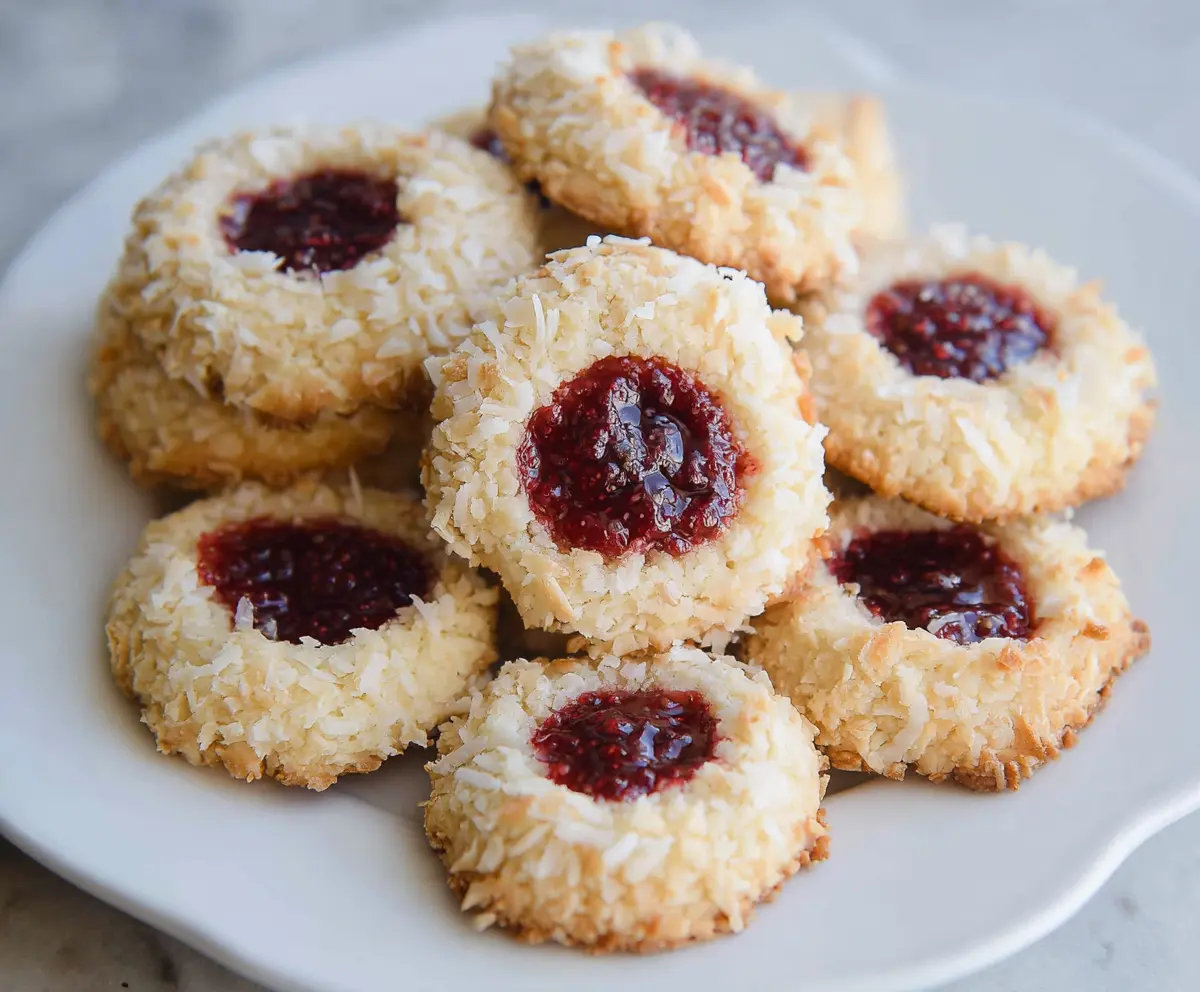 Delicious coconut raspberry thumbprint cookies with a golden baked crust and vibrant raspberry jam filling.