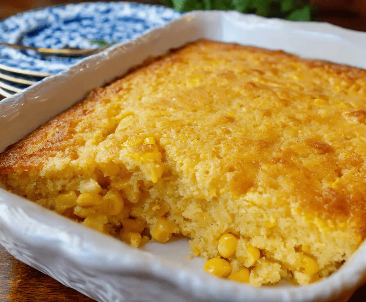 Creamy corn casserole baked to perfection with golden topping and savory flavor.