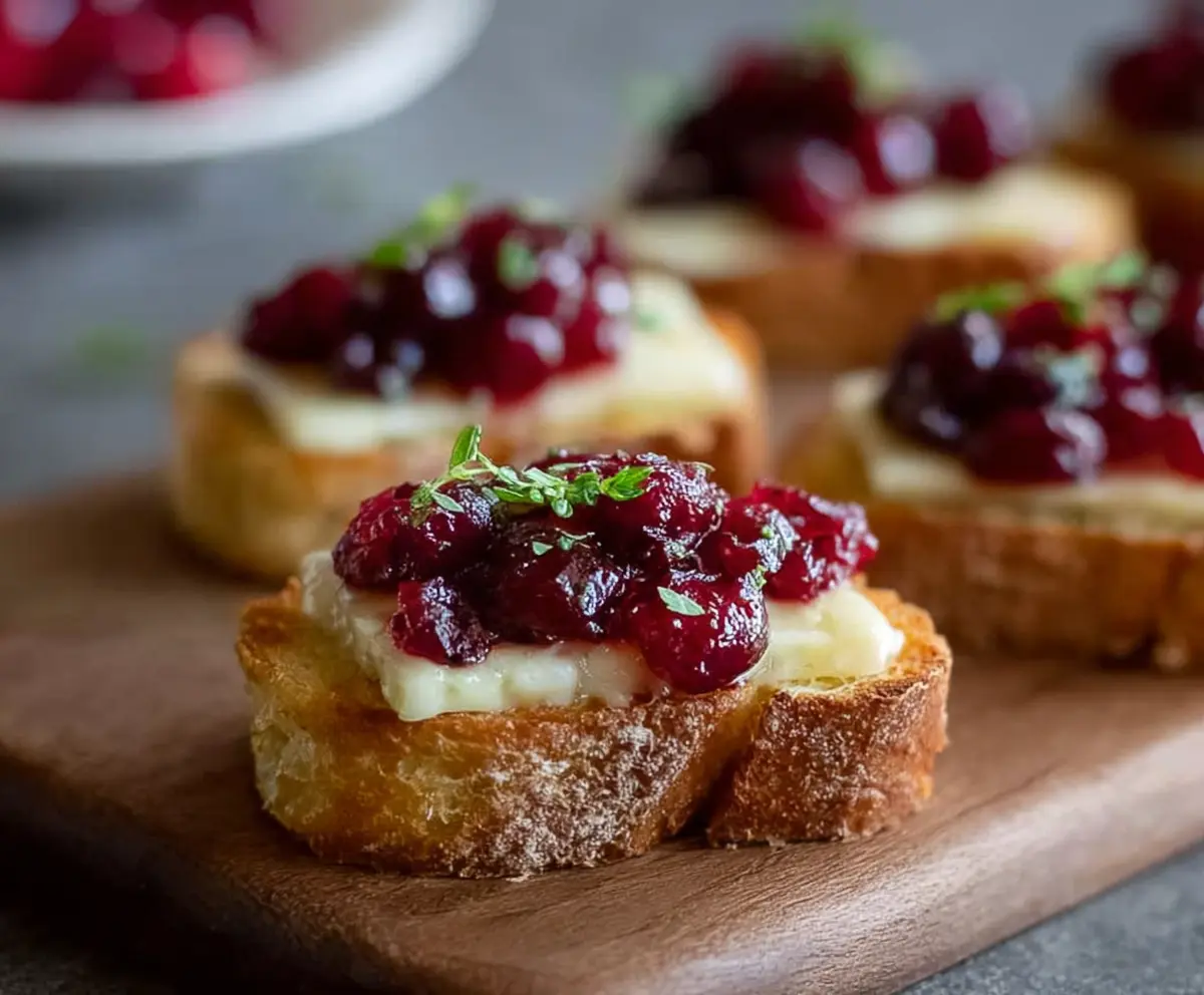 Cranberry Brie Toast with fresh cranberries, melted Brie cheese, and toasted bread, perfect for holiday appetizers.