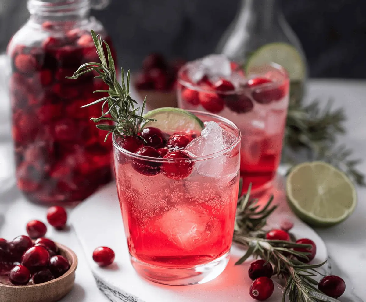 Refreshing Cranberry Gin Spritz cocktail with fresh cranberries and citrus slices garnished in a glass.