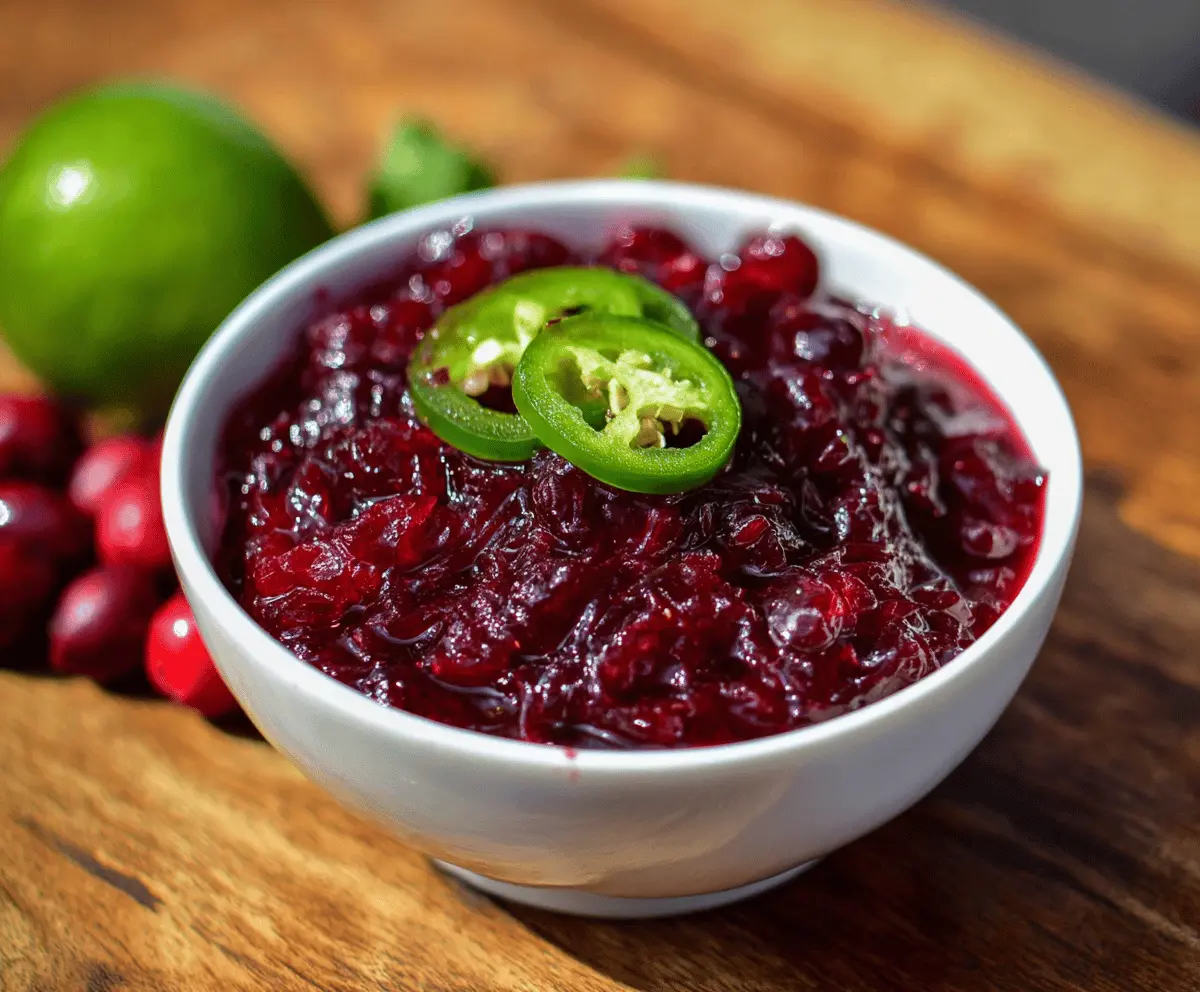 Flavorful homemade cranberry jalapeño sauce in a glass jar with fresh cranberries and jalapeños.