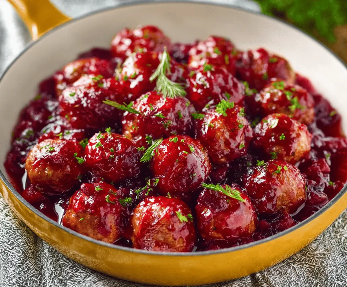 Delicious homemade cranberry meatballs served on a white plate for a festive appetizer.