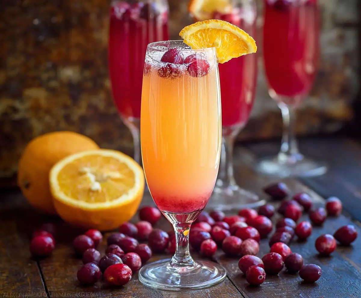 Glass of festive Cranberry Orange Mimosa topped with fresh cranberries and orange slices