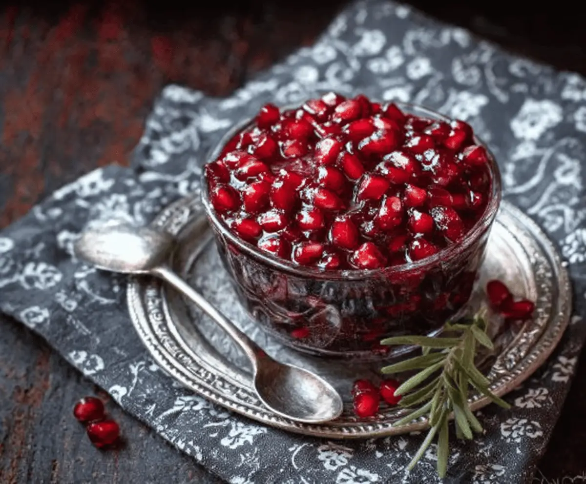 Delicious cranberry pomegranate sauce served as a festive condiment for holiday meals.