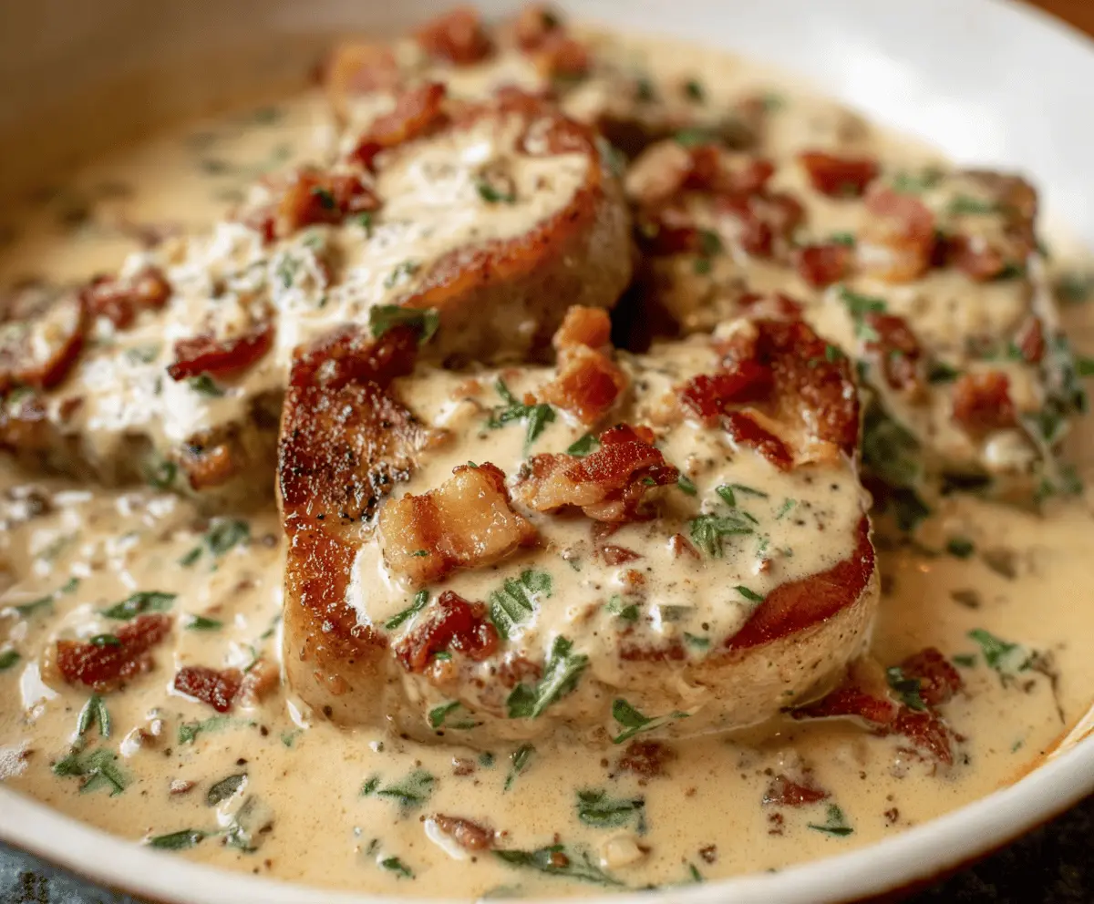 Delicious creamy bacon pork chops served on a plate with fresh herbs