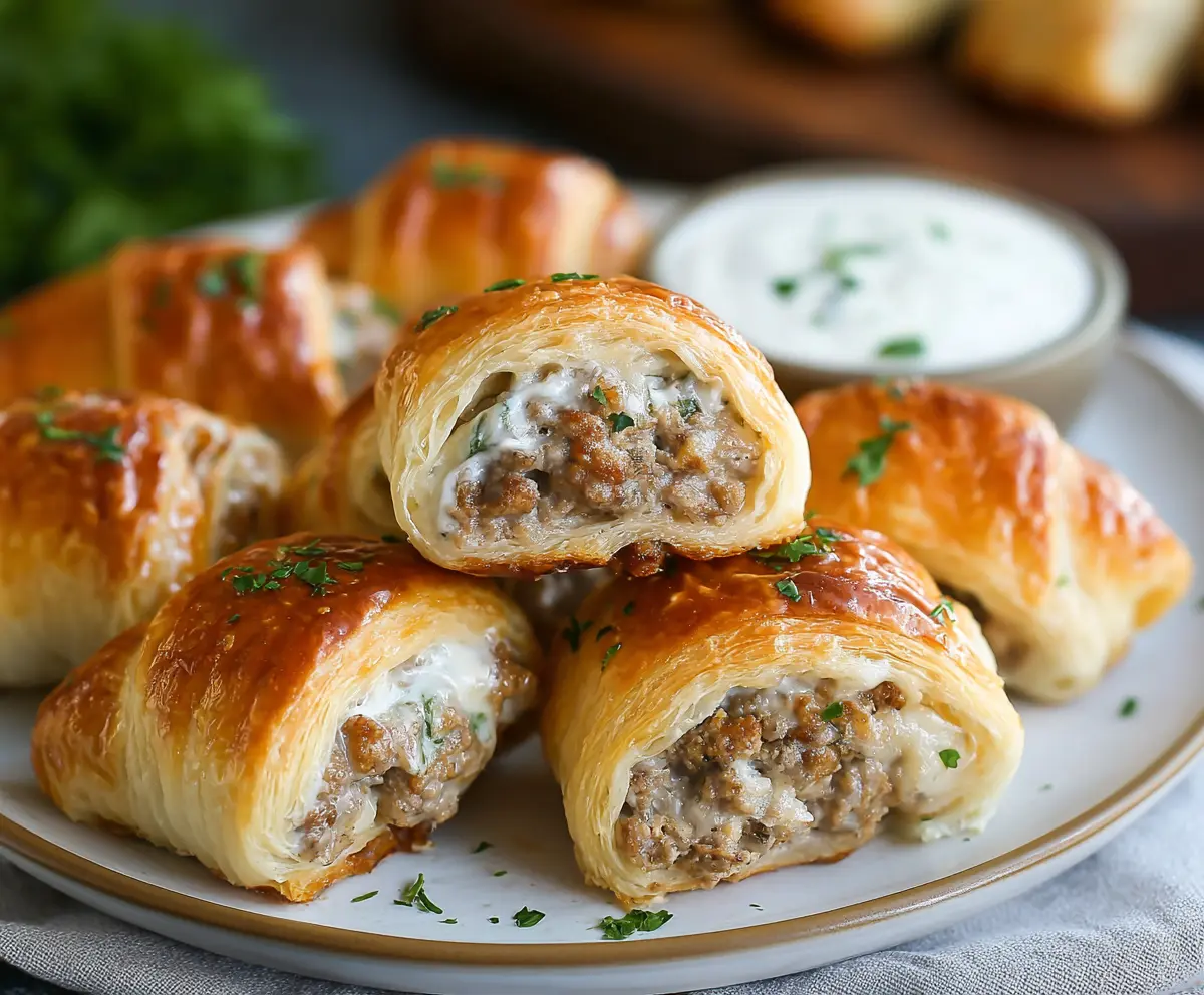 Delicious creamy sausage-stuffed crescent rolls served on a plate, showcasing golden-brown pastry and savory filling.