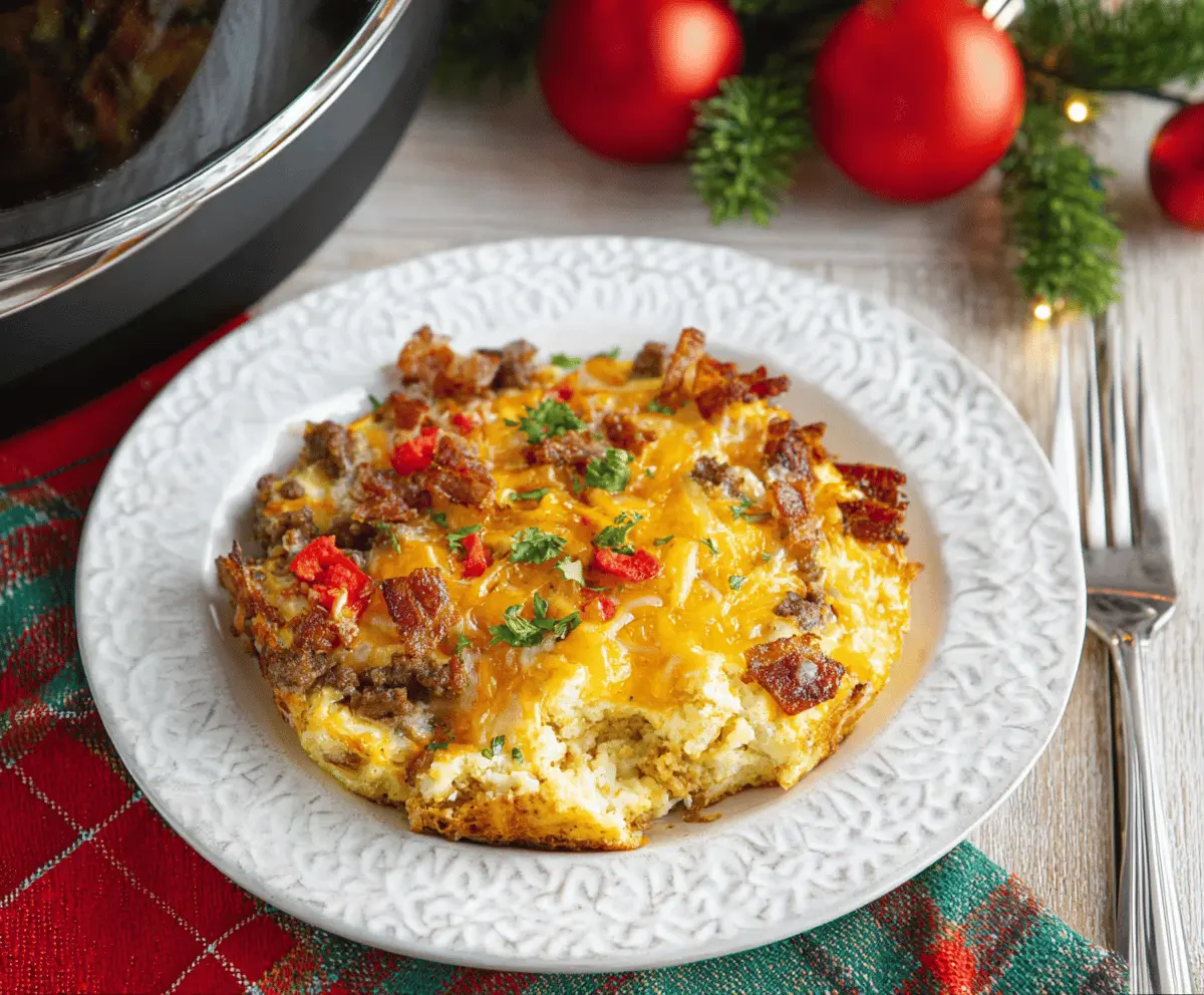 Delicious Crockpot Christmas Breakfast Casserole with eggs, bacon, and cheese in a slow cooker.
