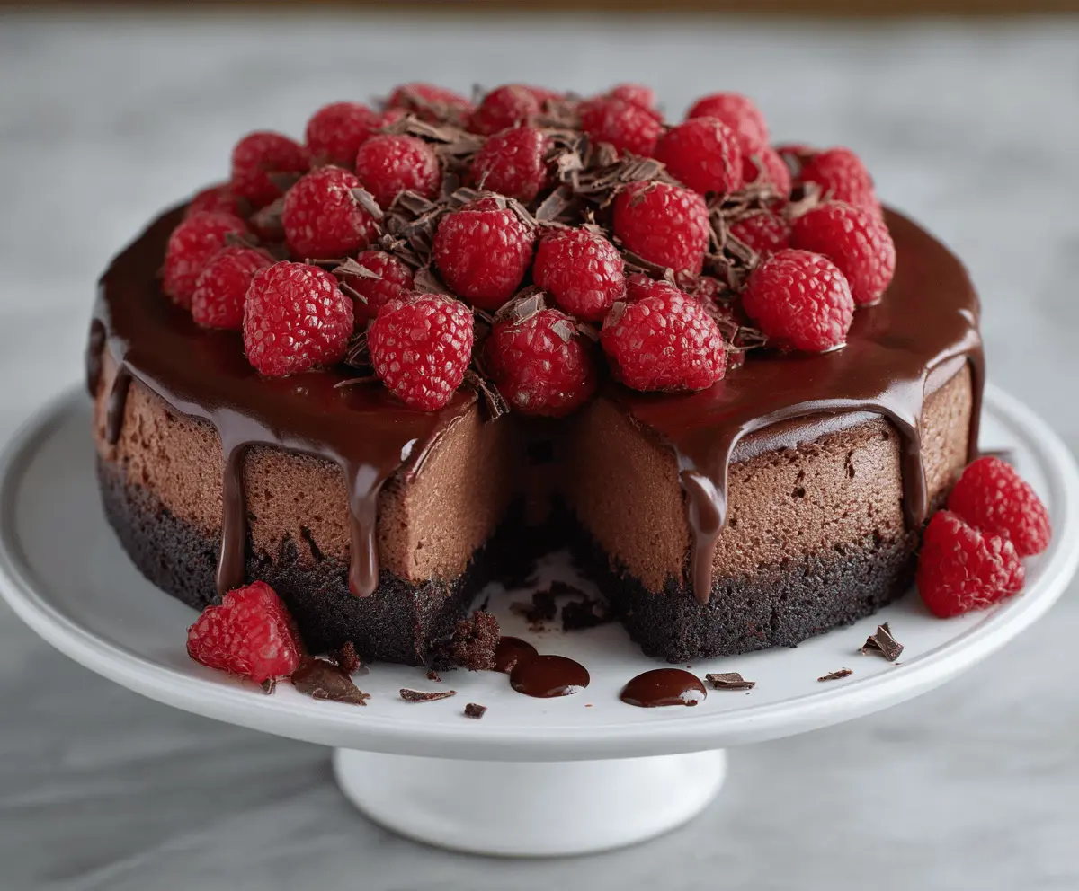 Delicious dark chocolate raspberry cheesecake garnished with fresh raspberries on a elegant plate.