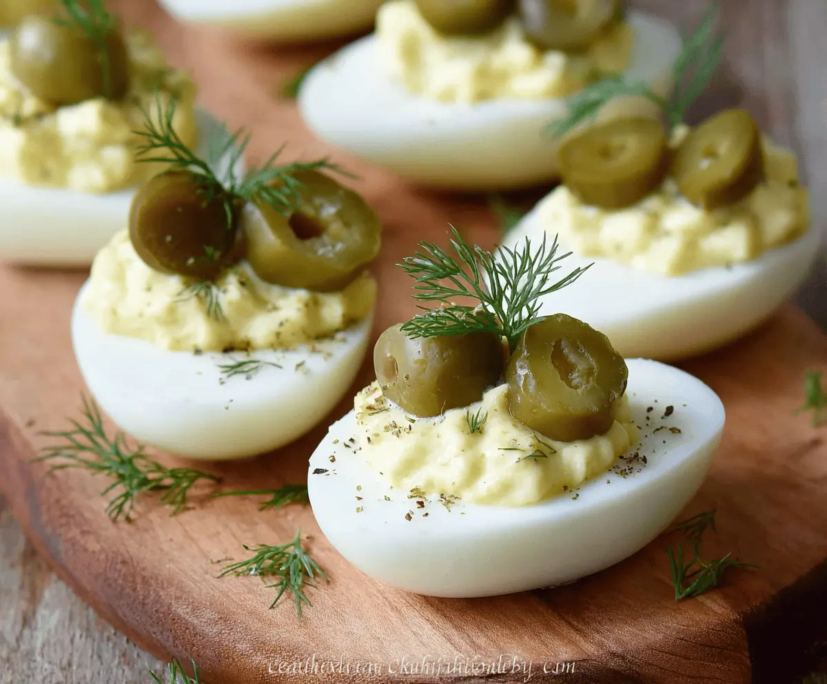 Creamy Dill Pickle Deviled Eggs garnished with fresh dill on a white plate.
