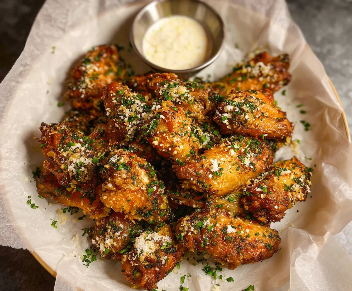 Crispy Garlic Parmesan Wings glazed with flavorful garlic and creamy Parmesan cheese, served hot.