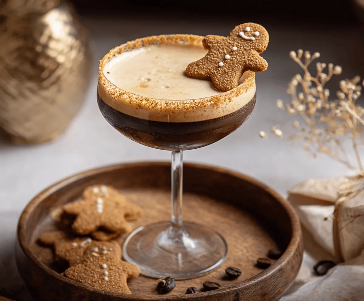 A festive Gingerbread Espresso Martini garnished with a cinnamon stick and gingerbread cookie.