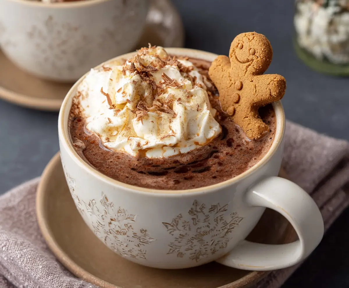 Warm gingerbread hot chocolate in a mug topped with whipped cream and gingerbread cookies.