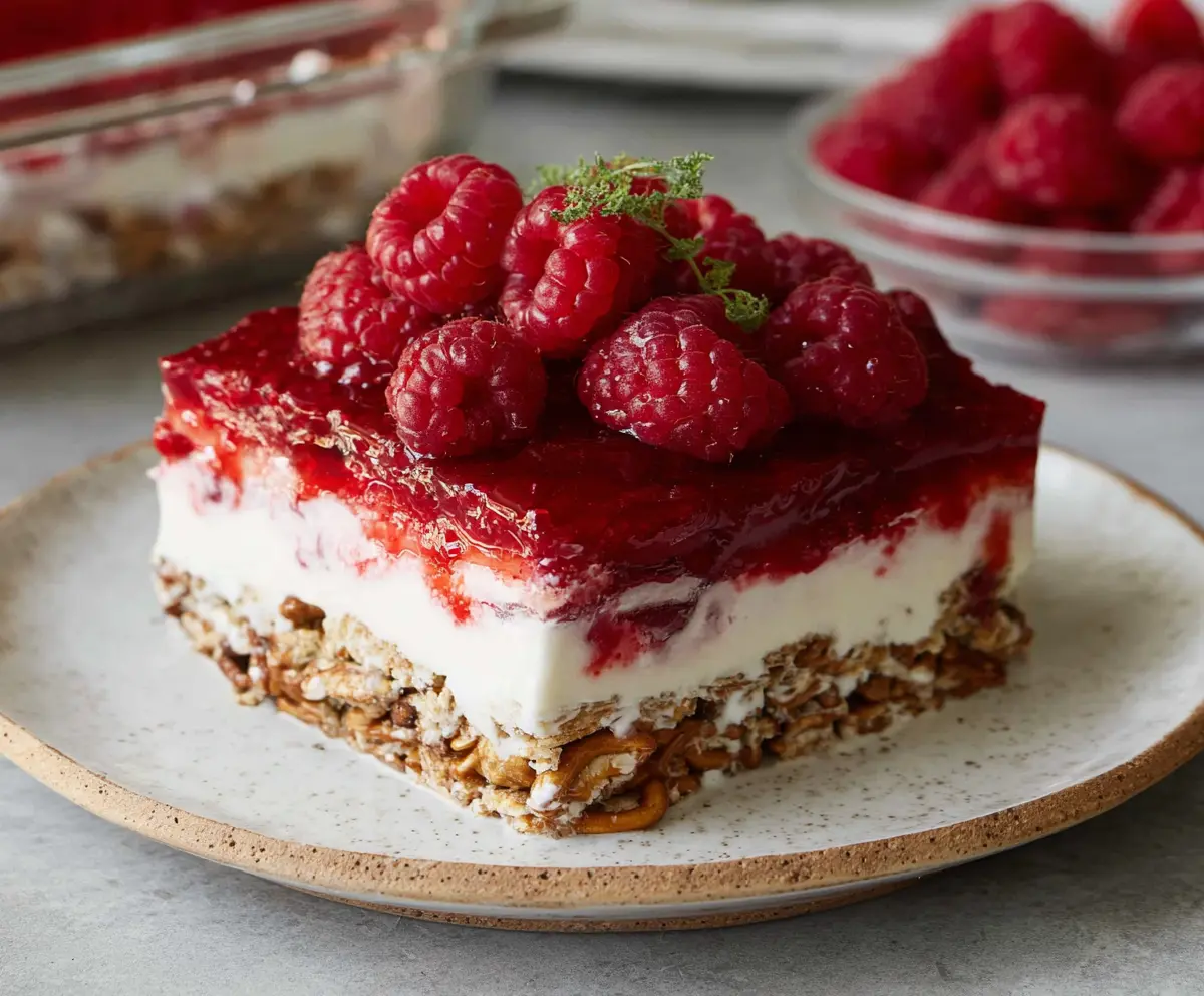 Delicious gluten-free raspberry pretzel salad topped with fresh raspberries and whipped cream.