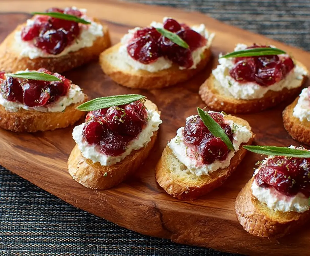 Delicious Goat Cheese Cranberry Crostini served on a wooden platter, perfect for appetizers and entertaining.