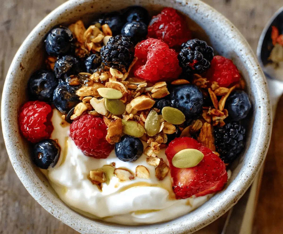 Healthy Greek yogurt bowl topped with fresh berries and honey, perfect for breakfast or a snack.